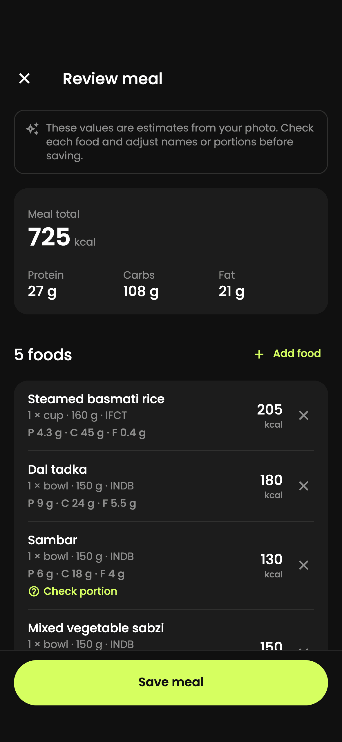 FitLantic's Review meal screen for this thali: 725 kcal across five foods