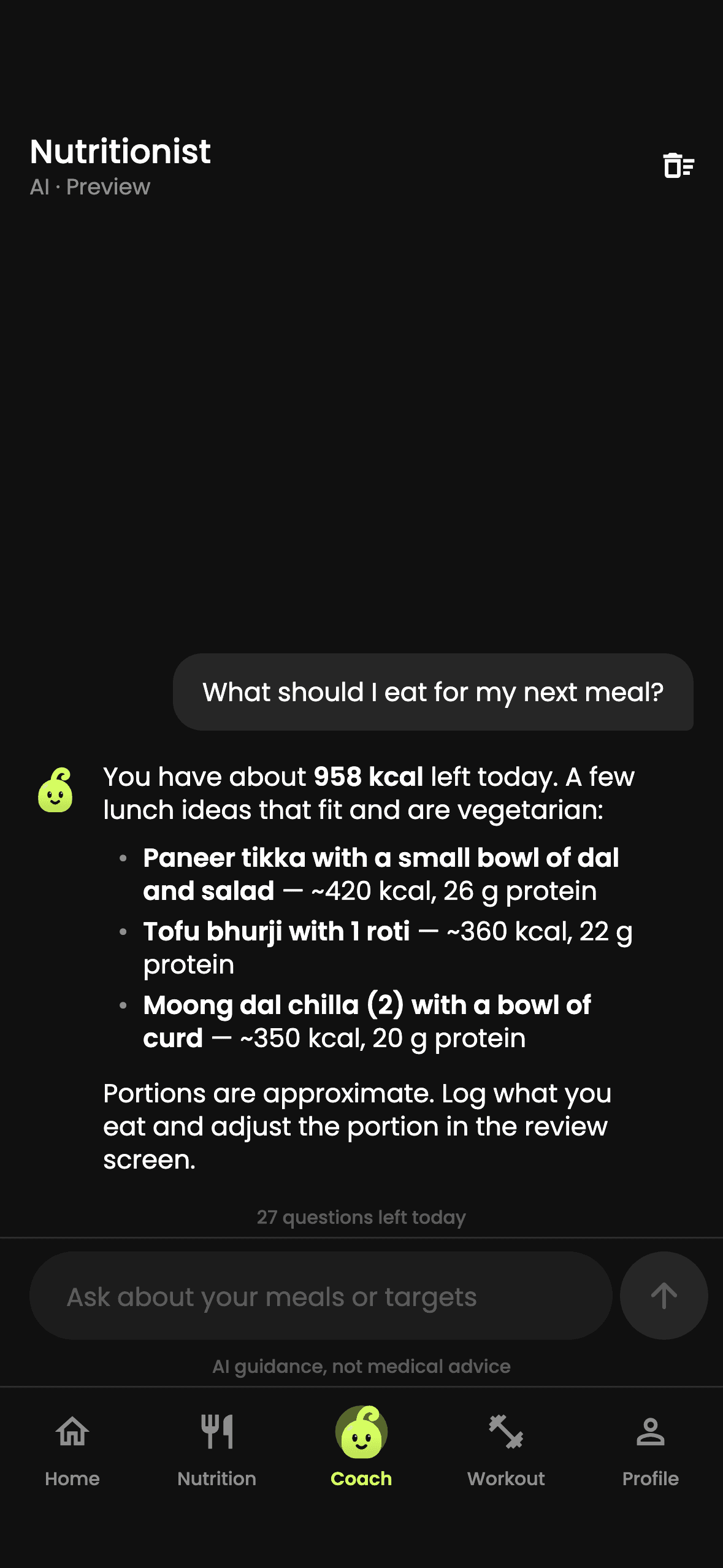 FitLantic's coach answering with vegetarian lunch ideas that fit 958 kcal