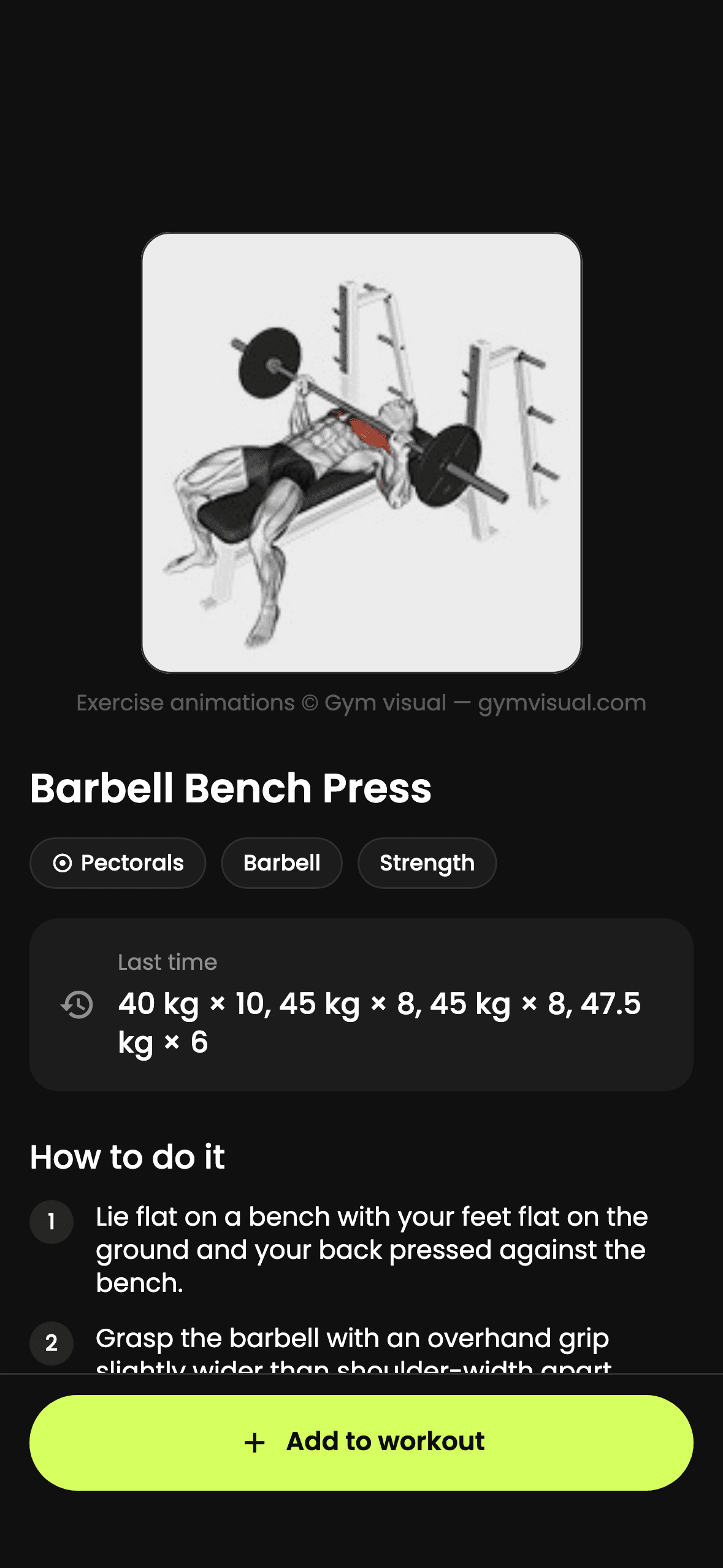 Barbell bench press detail with demo, target muscle, last session's sets and instructions