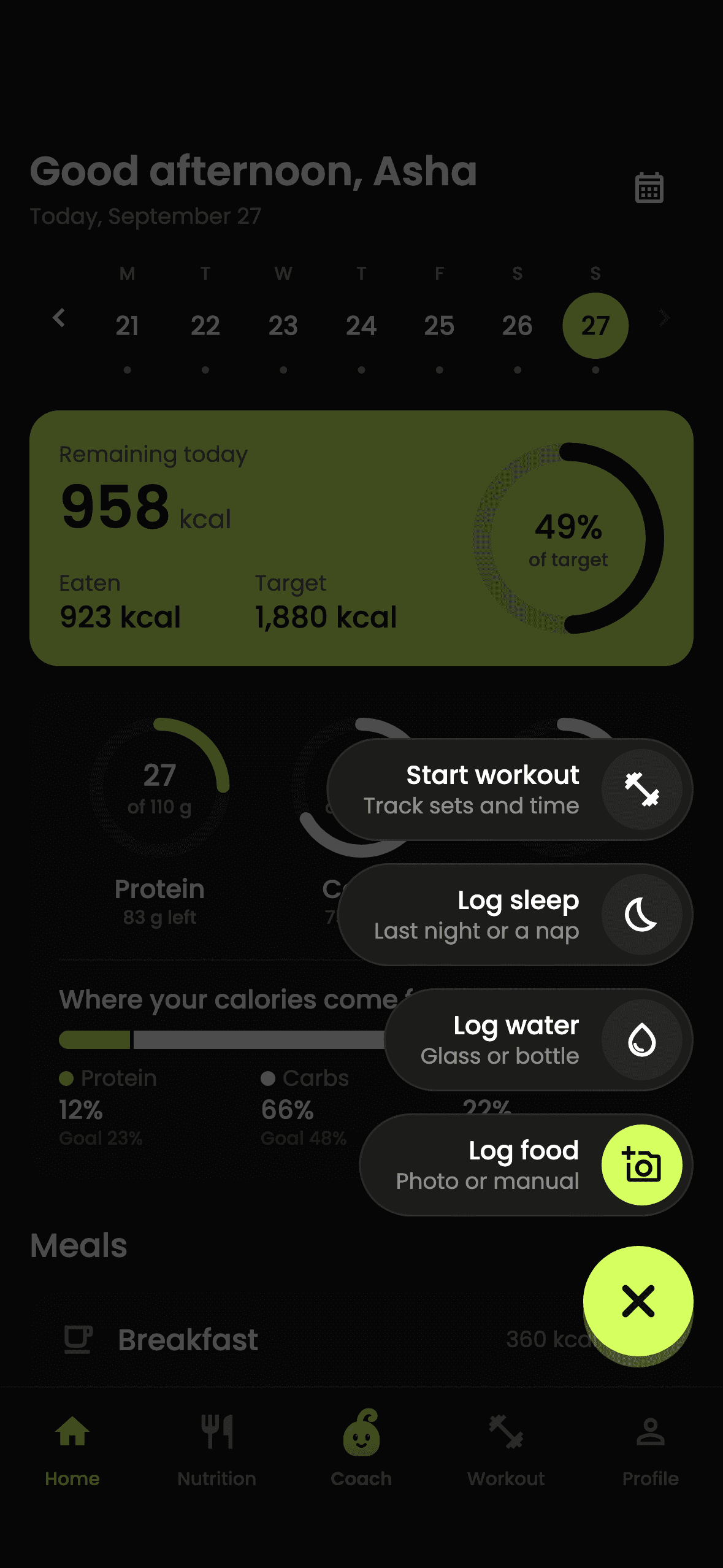 Home screen with the Log menu open: log food, water or sleep, or start a workout