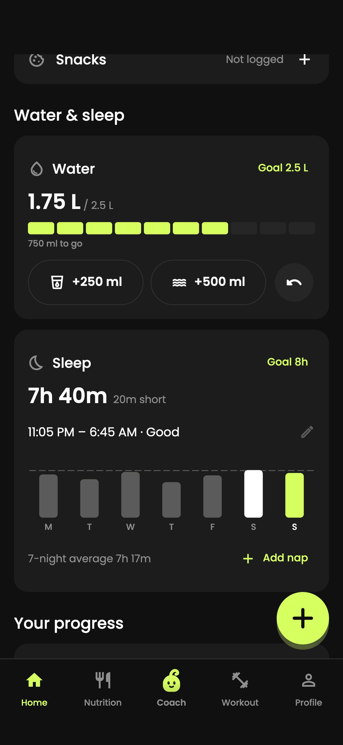 FitLantic's water and sleep cards: 1.75 of 2.5 litres and 7h 40m of sleep