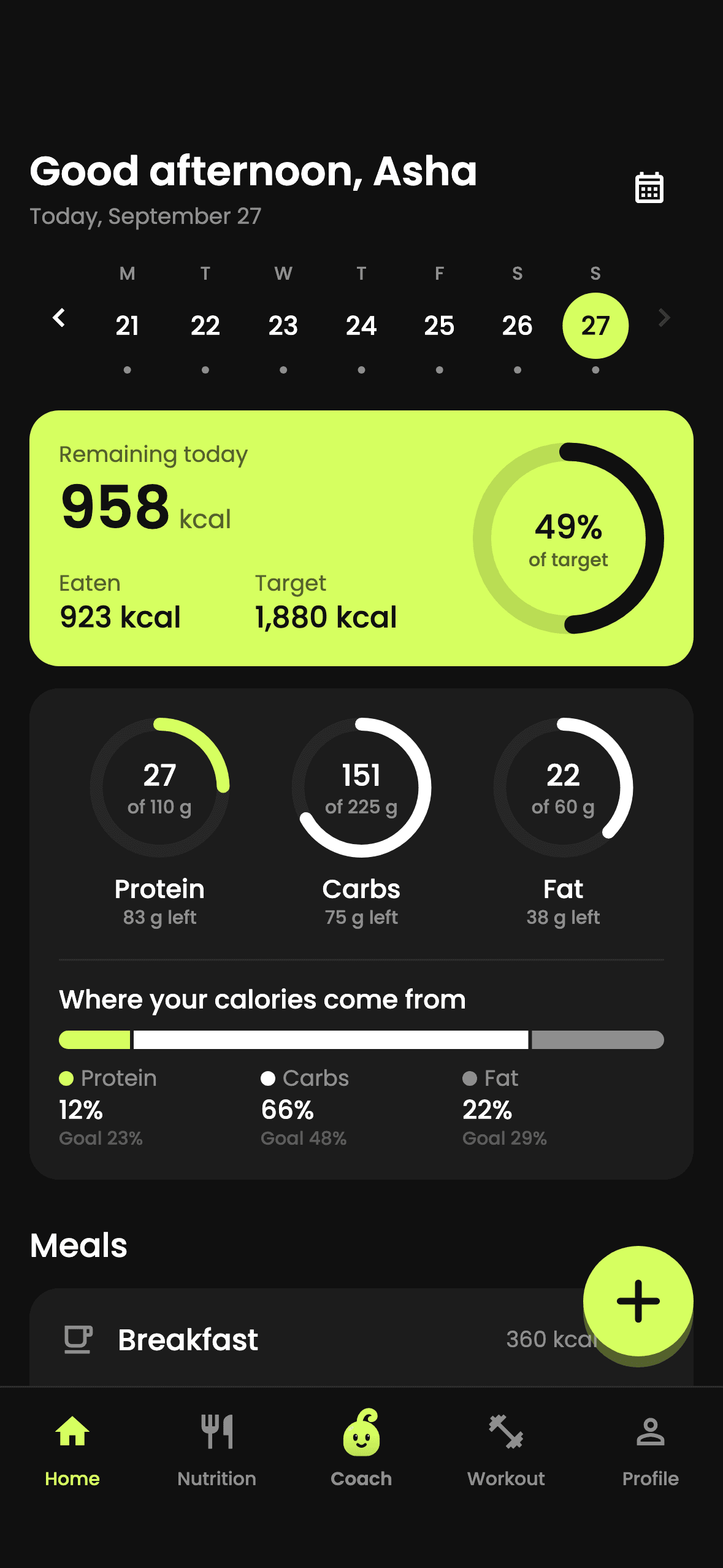 Home screen showing 958 kcal remaining and protein, carbs and fat progress