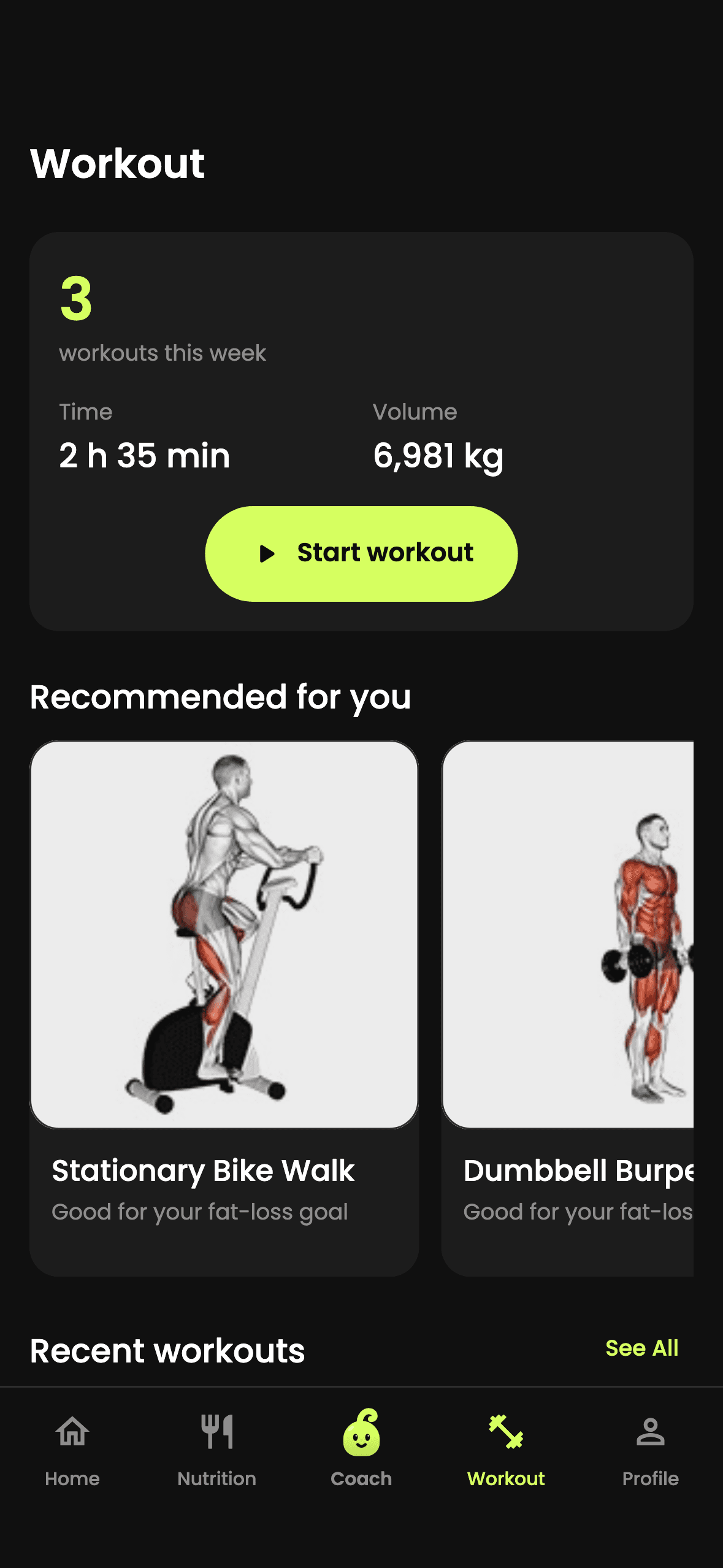 Workout tab with 3 workouts this week, 2 h 35 min, 6,981 kg volume and recommended exercises